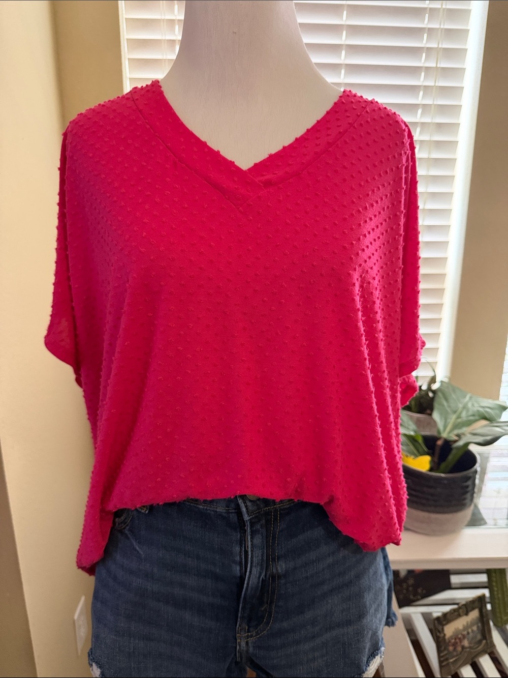 Women’s Hot Pink Textured V-Neck Top